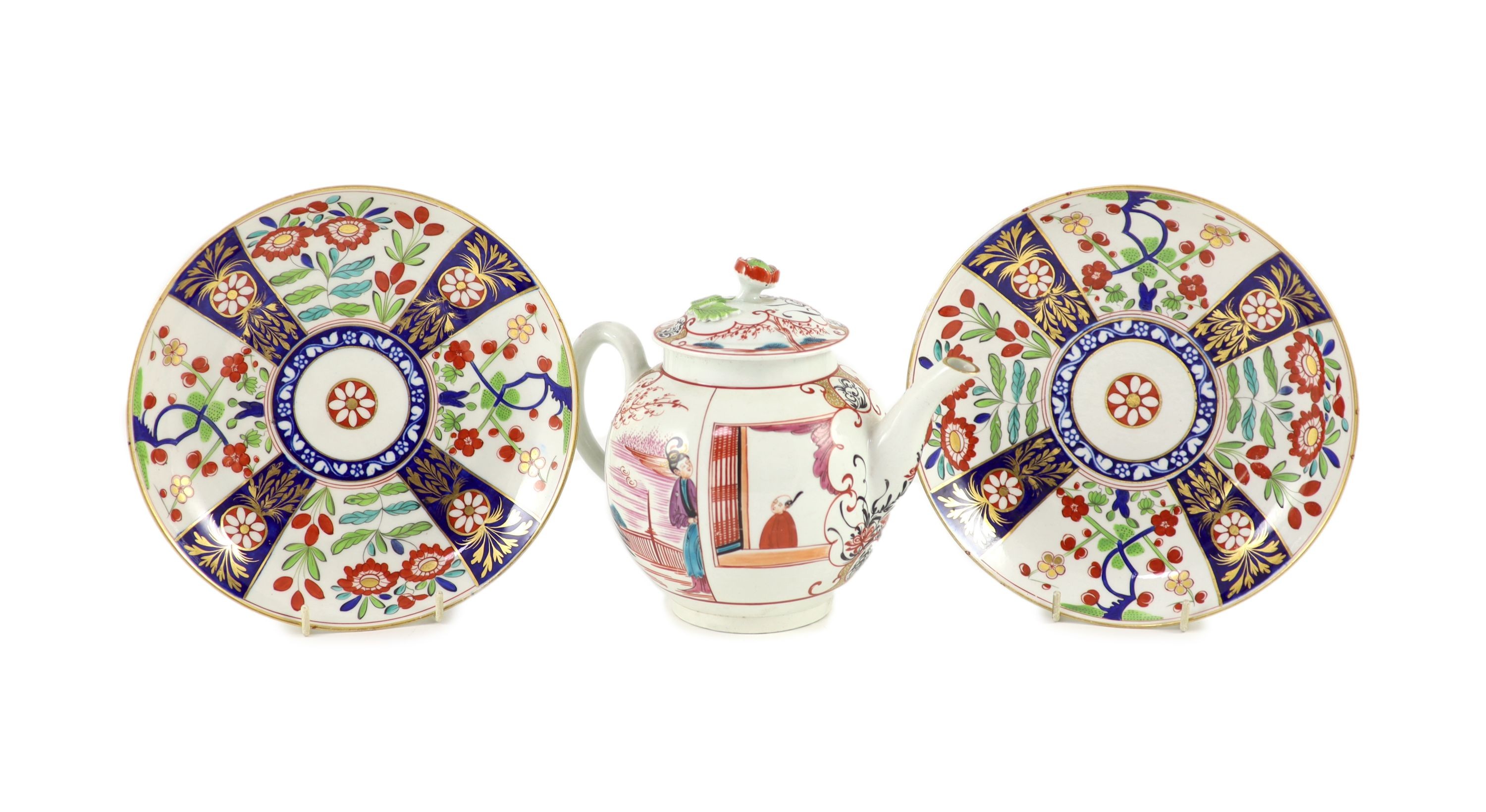 A Worcester large teapot and cover, c.1780 and a pair of Barr, Flight and Barr Worcester Imari dishes, c.1800